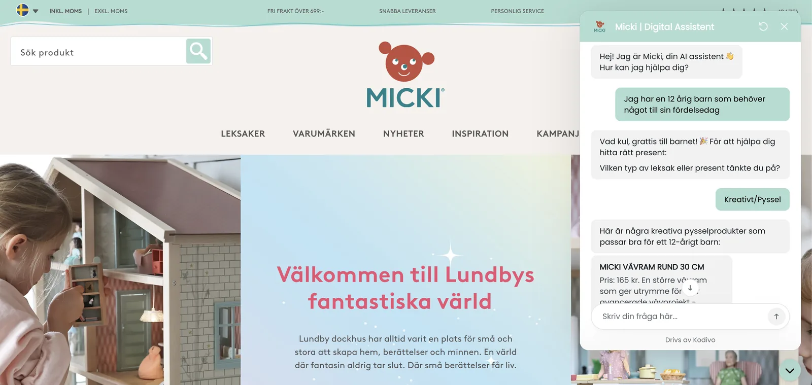 Ett samtal där assistenten frågar efter ålder och budget och sedan föreslår en produkt
