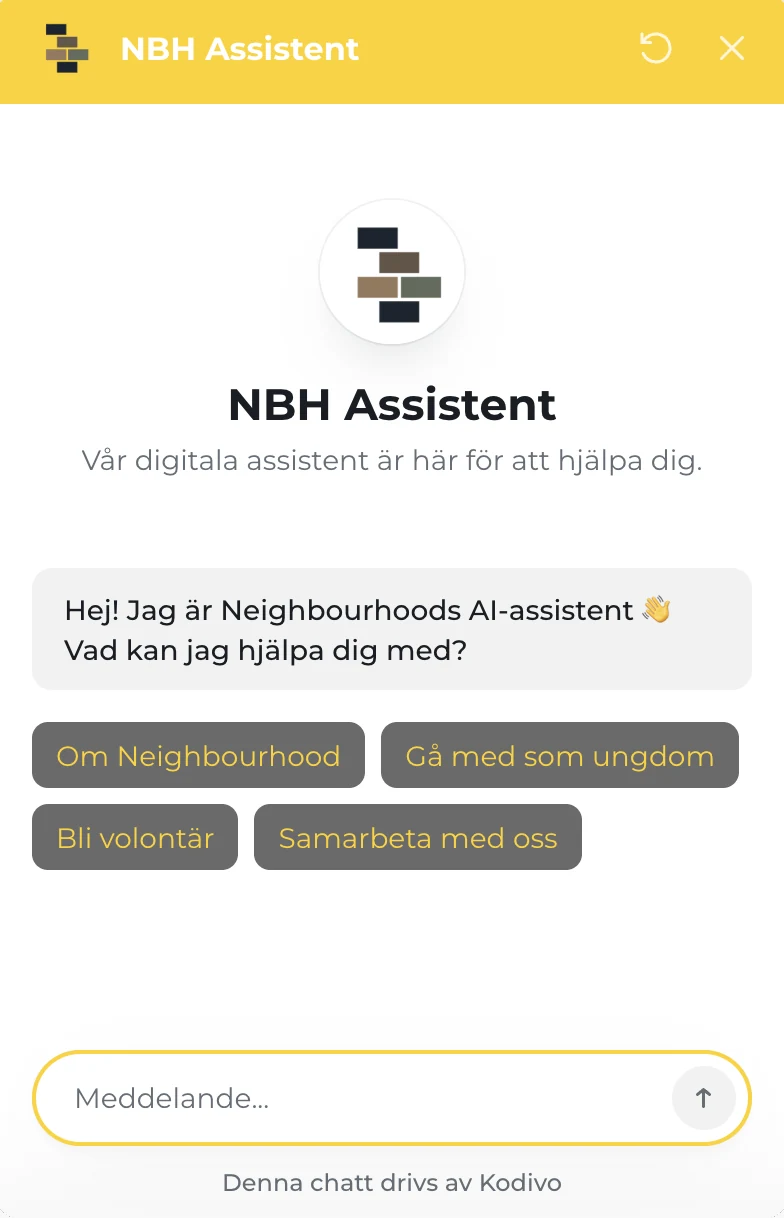 Neighbourhoods assistent hälsar på besökaren och erbjuder fyra vägar: om Neighbourhood, gå med som ungdom, bli volontär och samarbeta med oss